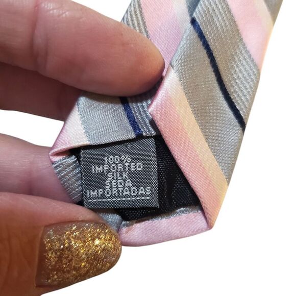 Stafford Executive Neck Tie Mens Designer Luxury Gray Pink Striped Statement - Picture 9 of 13